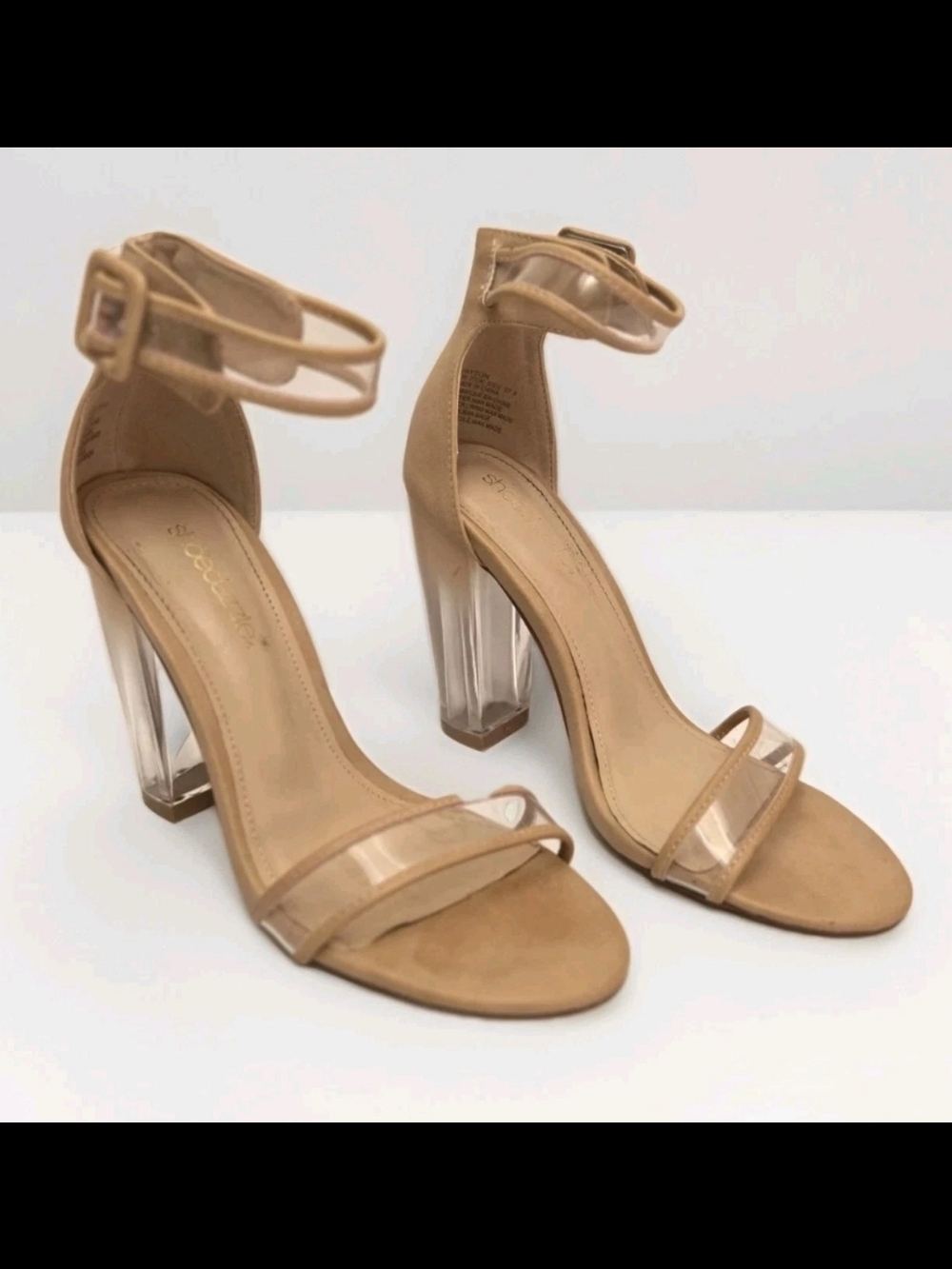 ShoeDazzle Peyton Heeled Sandals Size 7 - Nude Tan Open Toe Block Heel Shoes